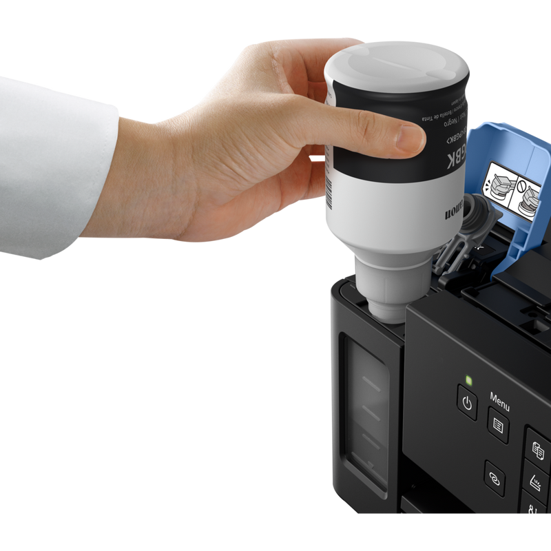 Canon PIXMA GM4050 Refillable MegaTank Inkjet Printer Product Front View with A Person Refilling the Black Ink Tank