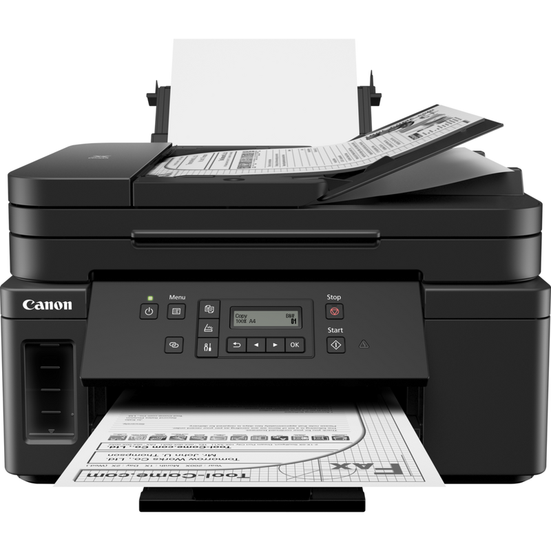 Canon PIXMA GM4040 Refillable MegaTank Inkjet Printer Product Front View With Paper Tray Out And Paper Support