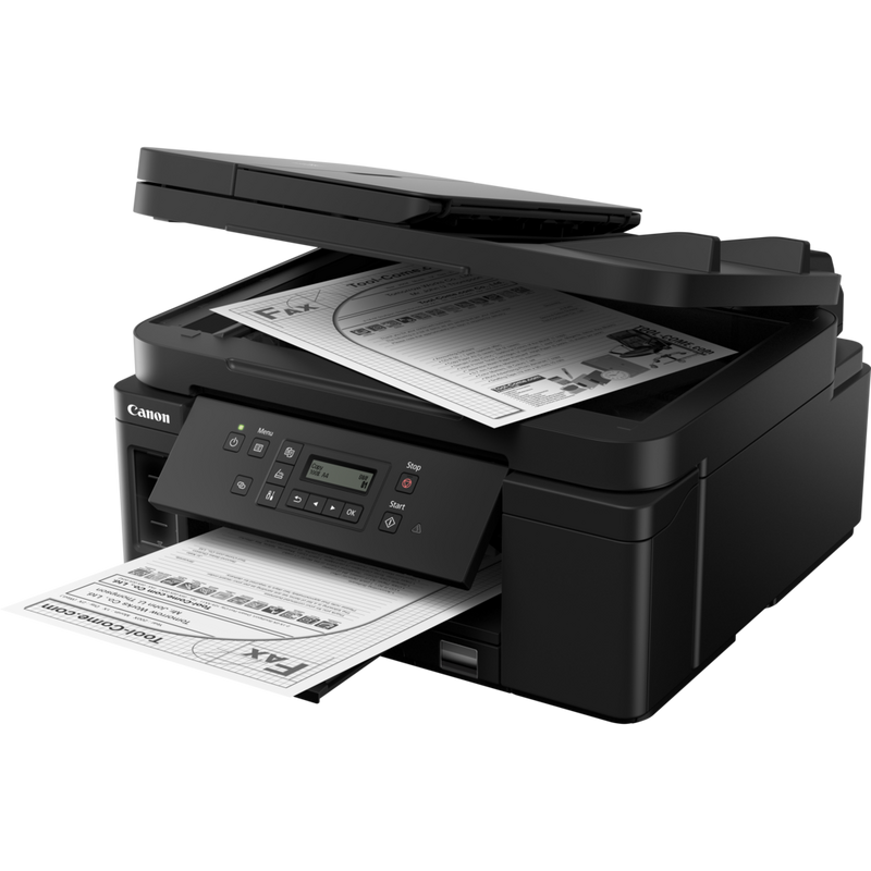 Canon PIXMA GM4040 Refillable MegaTank Inkjet Printer Front Slant View With Paper Tray Out And Photo Kept on the Printer