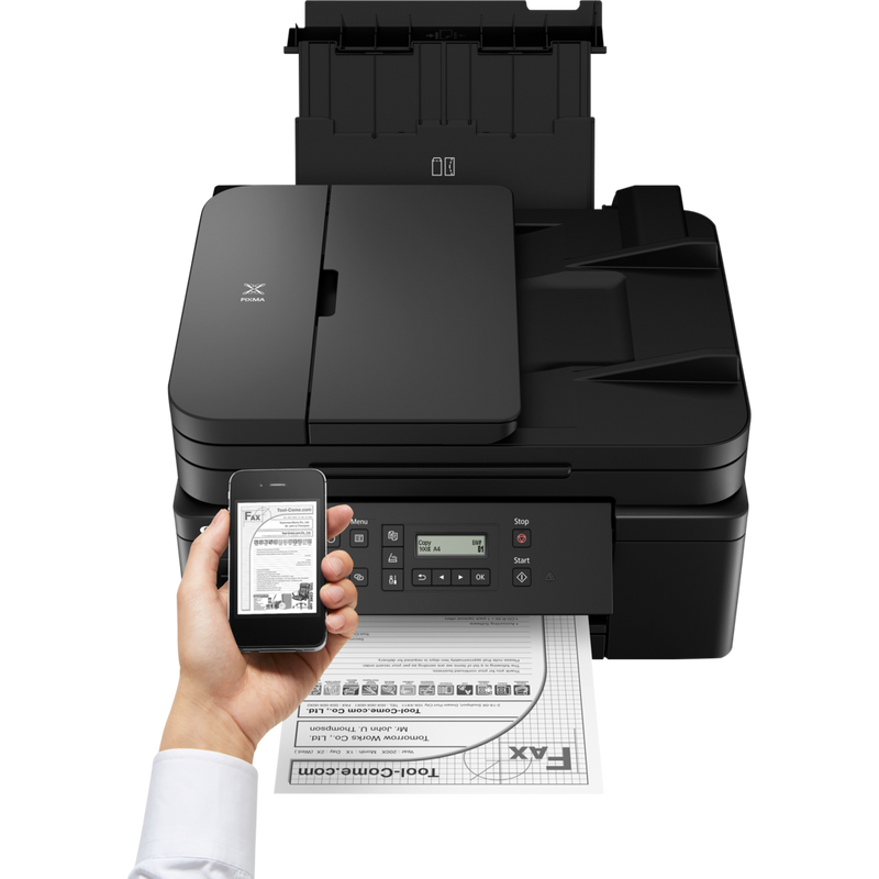 Canon PIXMA GM4040 Refillable MegaTank Inkjet Printer Product Front View With A Person Printing From a Smartphone