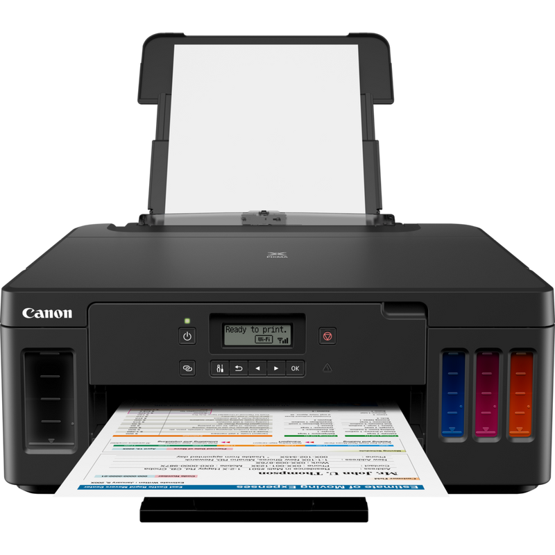 Canon PIXMA G5050 Refillable MegaTank Printer Product Front View With Paper Tray Out And Paper Support
