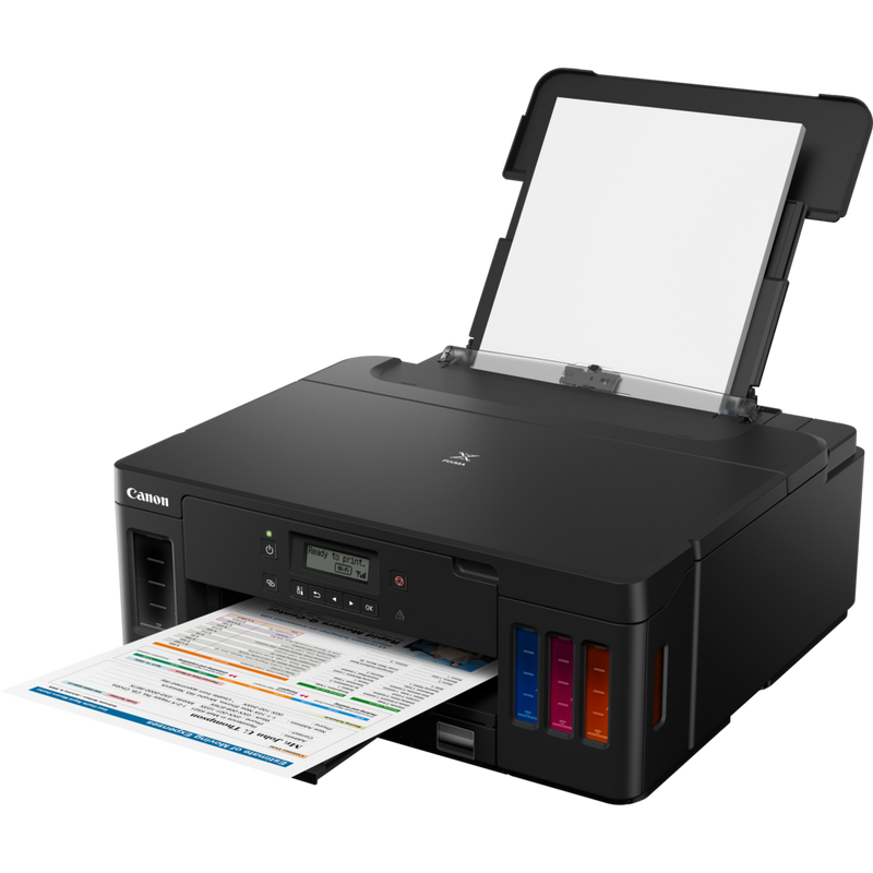 Canon PIXMA G5050 Refillable MegaTank Printer Product Front Slant View With Paper Feeder Tray Out And Paper Support