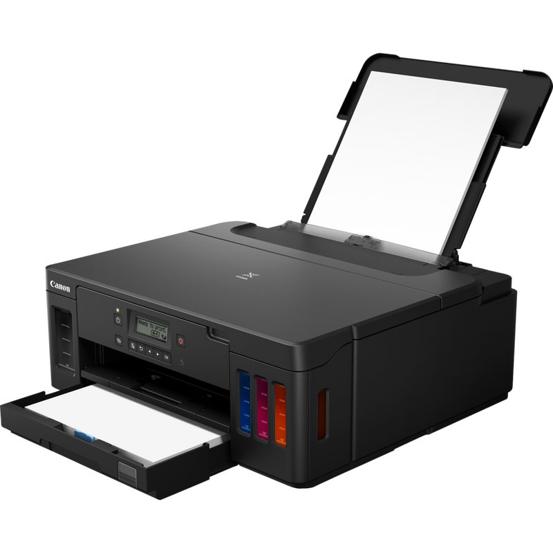 Canon PIXMA G5050 Refillable MegaTank Printer Product Front Slant View With Paper Feeder Tray Out And Paper Support