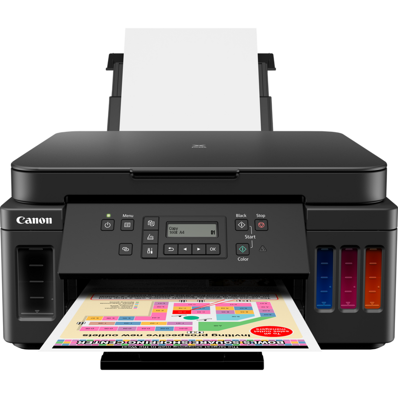 Canon PIXMA G6050: impresora MegaTank 3 en 1 con depósitos de tinta rellenable Producto Vista frontal con la bandeja de papel abierta y un soporte de papel