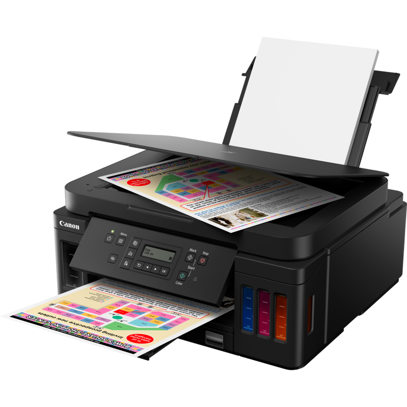Canon PIXMA G6040 3-in-1 Refillable MegaTank Printer Product Front Slant View With Paper Tray Out And Paper Support
