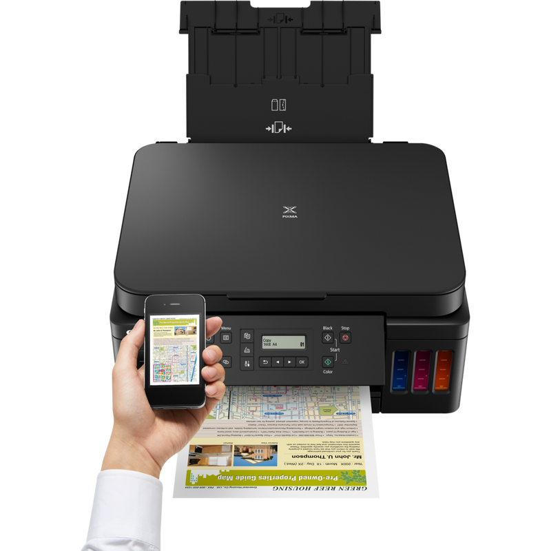 Canon PIXMA G6040 3-in-1 Refillable MegaTank Printer Product Front View With A Person Printing From a Smartphone