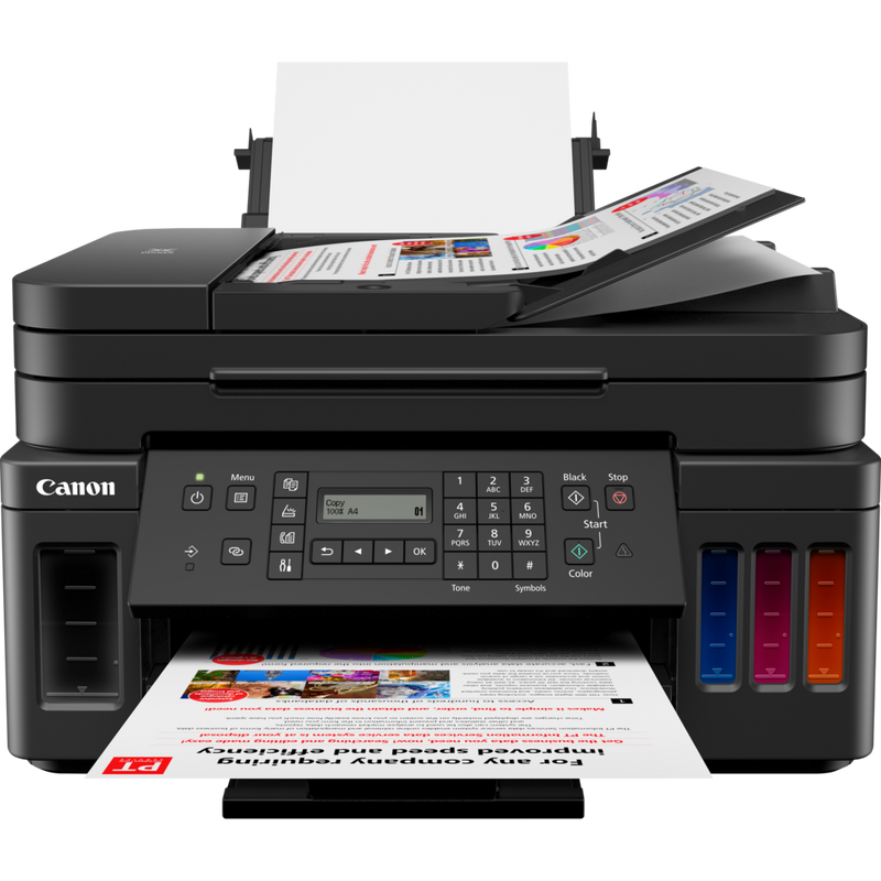 Canon PIXMA G7040 Refillable MegaTank Inkjet Printer Product Front View With Paper Tray Out And Paper Support