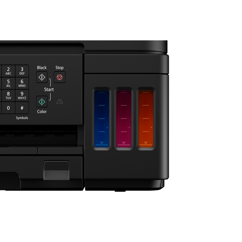 Canon PIXMA G7040 Refillable MegaTank Inkjet Printer Product Front View Of The Panel And Refillable Ink Tanks