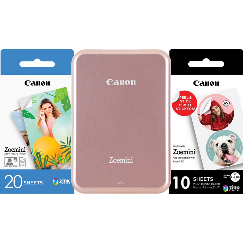 Canon Zoemini Portable Colour Photo Printer, Rose Gold + 2x3" Photo Paper x20 sheets + Circle Sticker x10 sheets