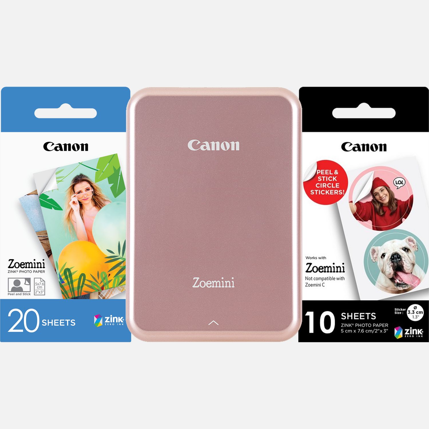 Image of Fotocamera istantanea a colori portatile Canon Zoemini, rosa gold + 20 fogli di carta fotografica 2 x 3" + 10 fogli di carta adesiva a tondini