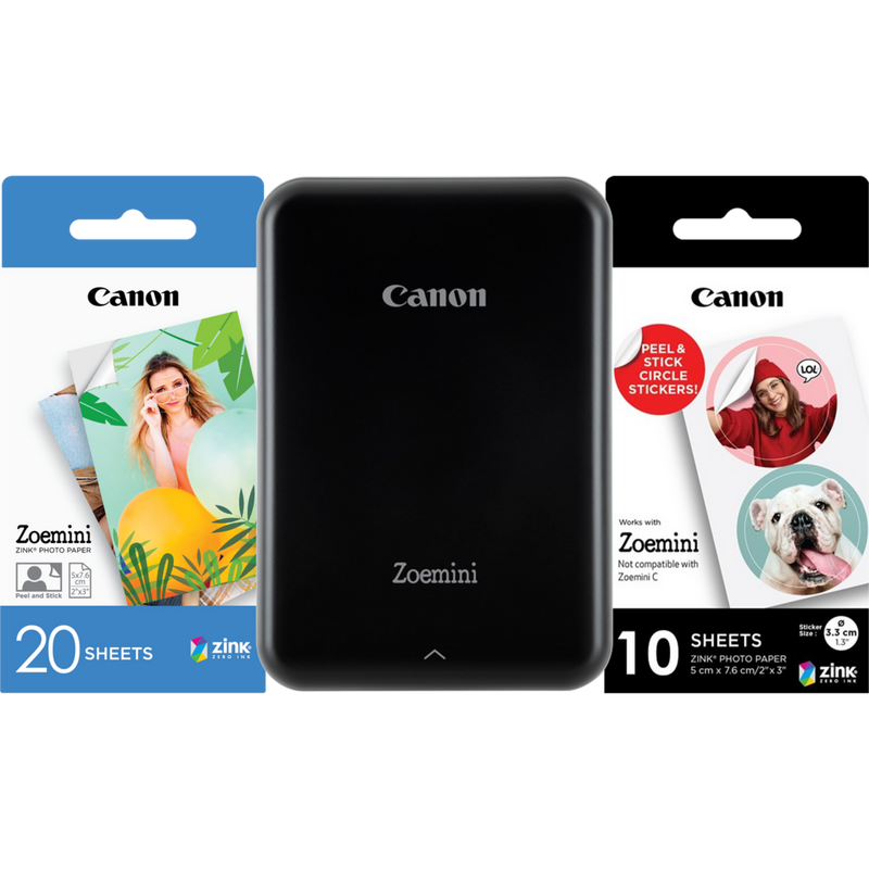 Compra Impresora fotográfica en color portátil Canon Zoemini, negro + 20 hojas de papel fotográfico de 5 x 7 cm + 10 hojas de adhesivos circulares — Tienda Canon Espana foto