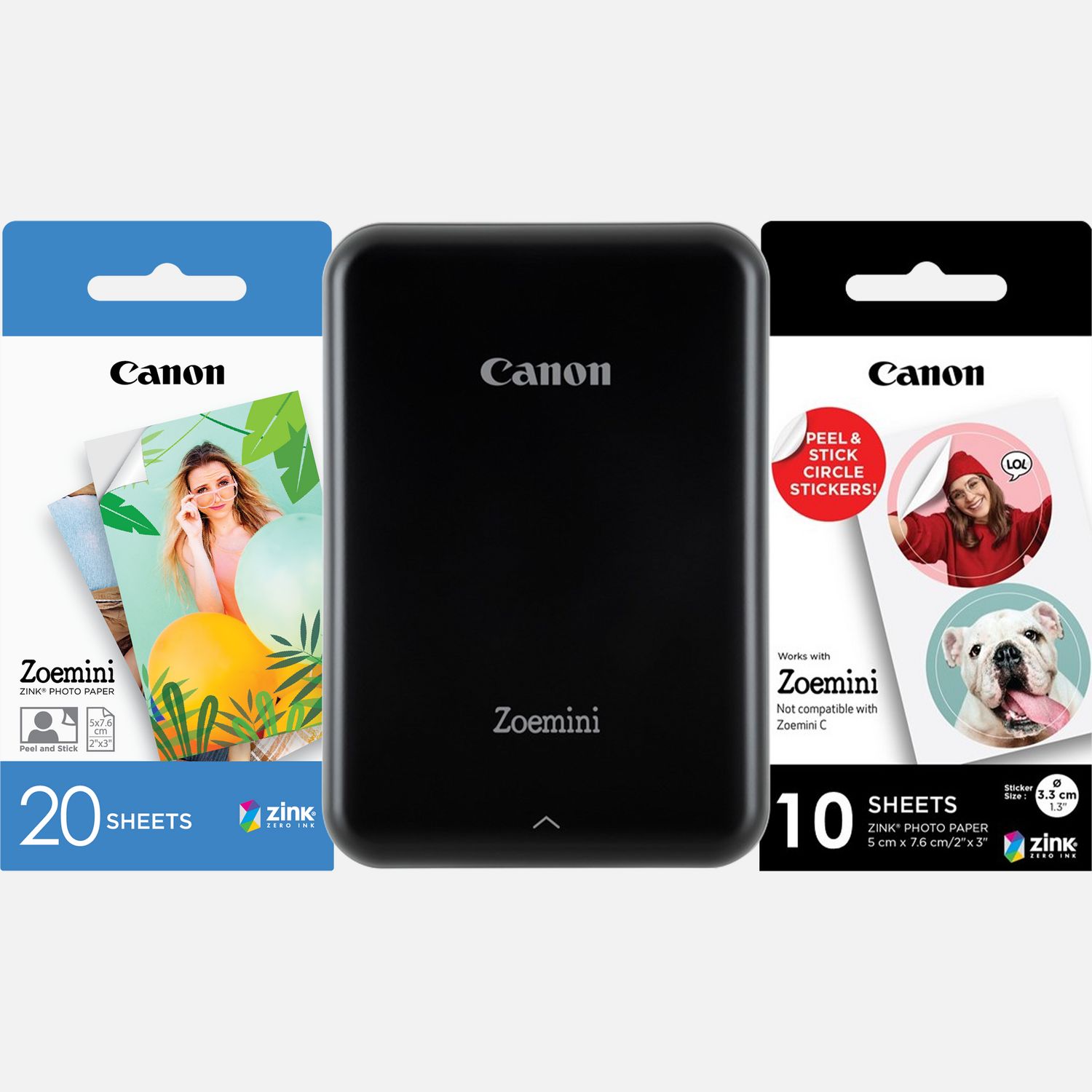 Image of Fotocamera istantanea a colori portatile Canon Zoemini, nera + 20 fogli di carta fotografica 2 x 3" + 10 fogli di carta adesiva a tondini