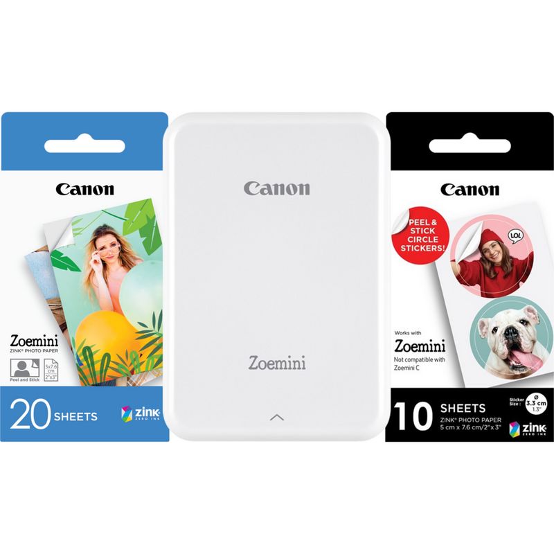 Comprar Impresora fotográfica en color portátil Canon Zoemini, blanco + 20  hojas de papel fotográfico de 5 x 7 cm + 10 hojas de adhesivos circulares  en Interrumpido — Tienda Canon Espana