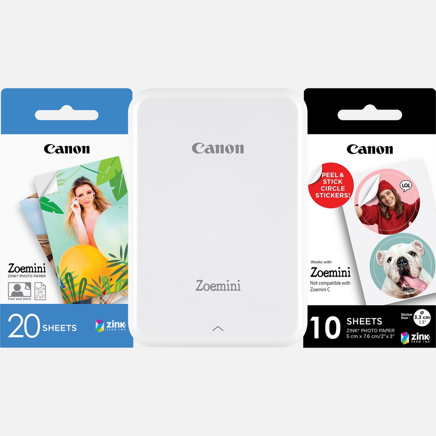 Image of Fotocamera istantanea a colori portatile Canon Zoemini, bianca + 20 fogli di carta fotografica 2 x 3" + 10 fogli di carta adesiva a tondini