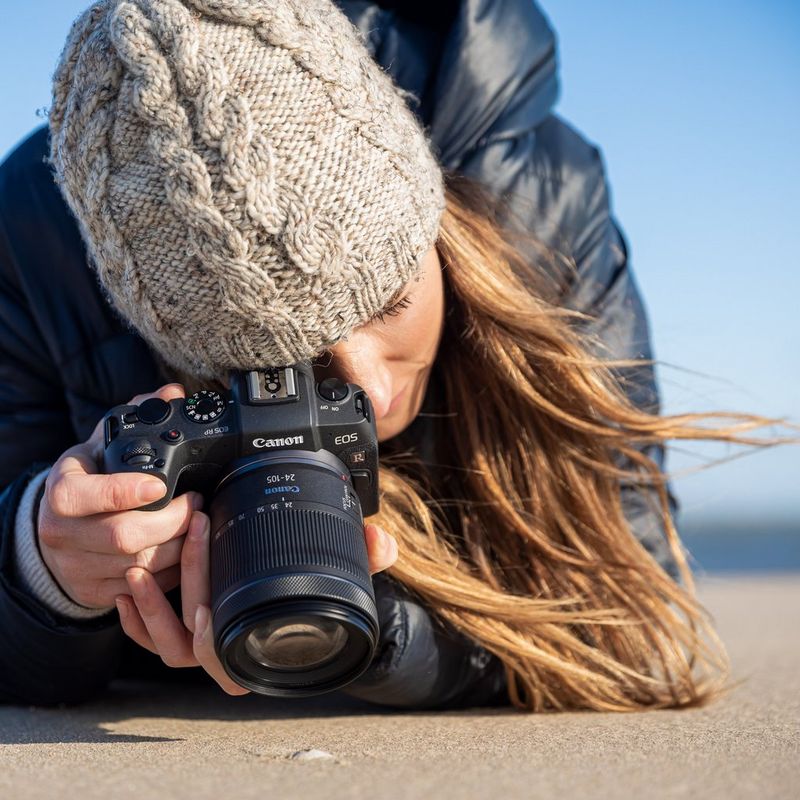 Canon EOS RP Body + RF 24-105mm F4-7.1 IS STM Lens A Woman Taking a Photo of a Shell on the Beach