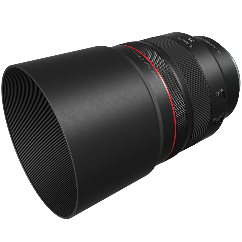 Canon RF 85mm F1.2L USM DS Lens Product Diagonal View with the Lens Hood
