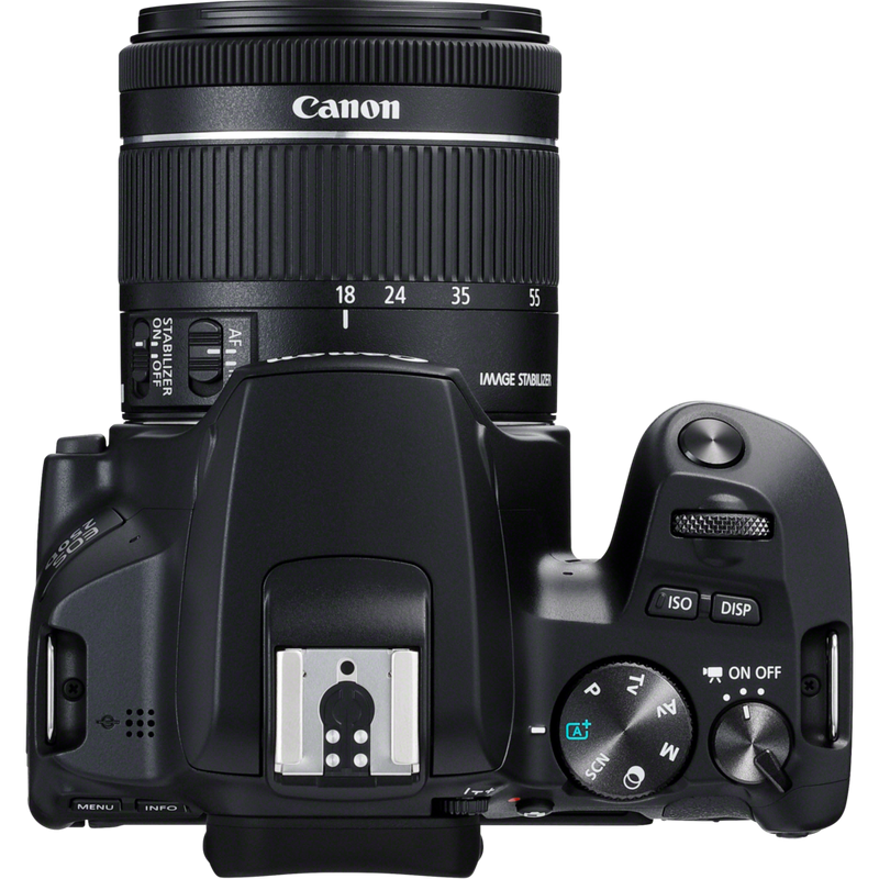 Canon EOS 250D, Black + EF-S 18-55mm f/4-5.6 IS STM + EF 50mm f/1.8 STM Lens Product Top View