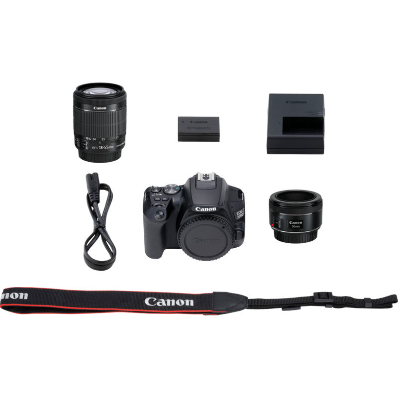 Canon EOS 250D, Black + EF-S 18-55mm f/4-5.6 IS STM + EF 50mm f/1.8 STM Lens Product What's In The Box