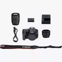 Canon EOS 250D, Black + EF-S 18-55mm f/4-5.6 IS STM + EF 50mm f/1.8 STM Lens Product What's In The Box