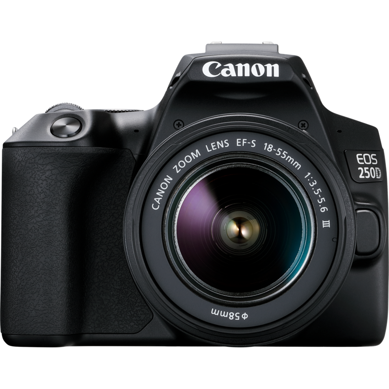 Canon EOS 250D, Black + EF-S 18-55mm f/3.5-5.6 III+ EF 75-300mm f/4-5.6 III Lens Product Front View