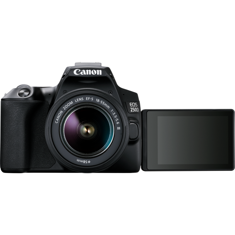 Canon EOS 250D, Black + EF-S 18-55mm f/3.5-5.6 III+ EF 75-300mm f/4-5.6 III Lens Product Front View With Open Screen
