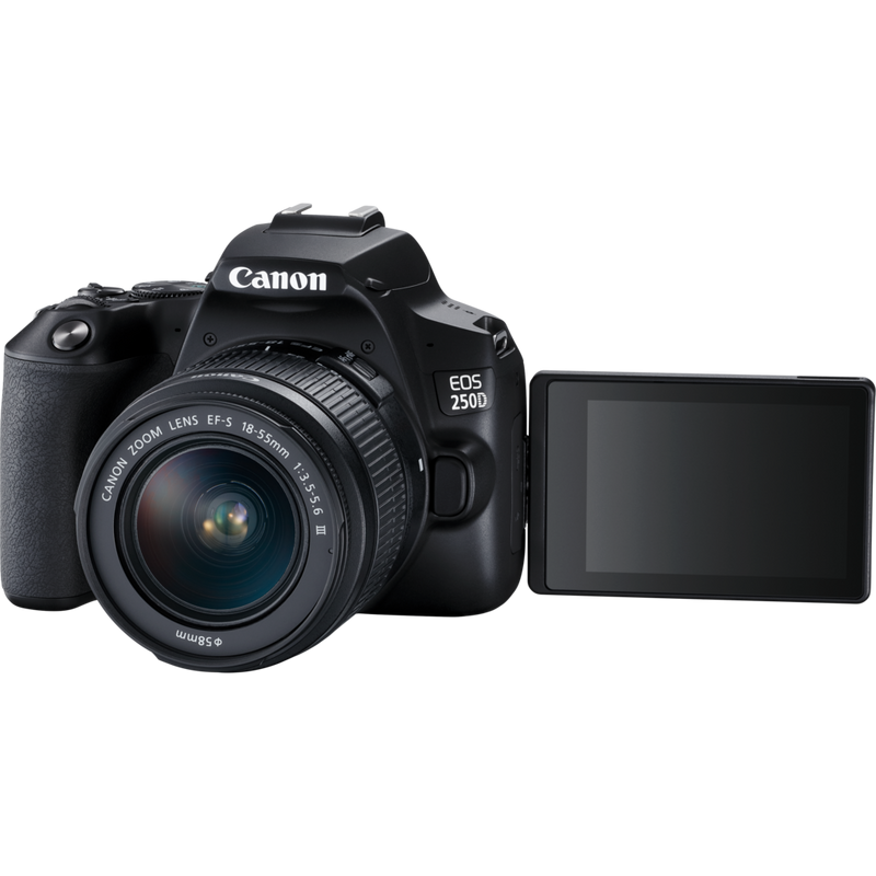 Canon EOS 250D, Black + EF-S 18-55mm f/3.5-5.6 III+ EF 75-300mm f/4-5.6 III Lens Product Front View With Open Screen