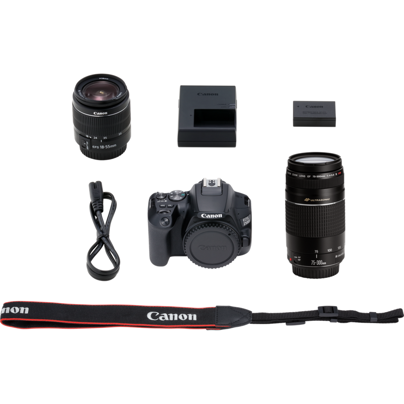 Canon EOS 250D, Black + EF-S 18-55mm f/3.5-5.6 III+ EF 75-300mm f/4-5.6 III Lens Product What's In The Box