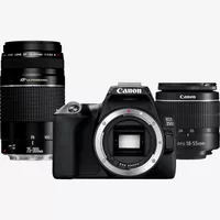 Canon EOS 250D, Black + EF-S 18-55mm f/3.5-5.6 III+ EF 75-300mm f/4-5.6 III Lens Product Front View With Lens