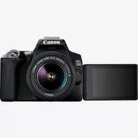 Canon EOS 250D, Black + EF-S 18-55mm f/3.5-5.6 III+ EF 75-300mm f/4-5.6 III Lens Product Front View With Open Screen