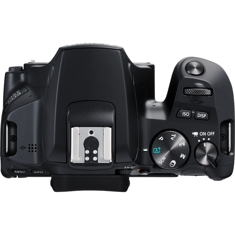 Canon EOS 250D negra + objetivo EF-S 18-135mm f/3.5-5.6 IS STM Producto Vista superior