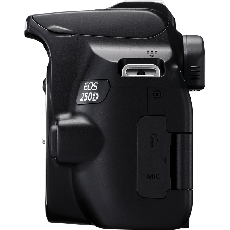 Canon EOS 250D negra + objetivo EF-S 18-135mm f/3.5-5.6 IS STM Producto Vista izquierda