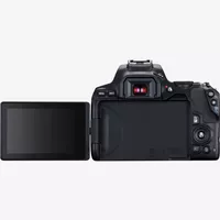 Canon EOS 250D negra + objetivo EF-S 18-135mm f/3.5-5.6 IS STM Producto Vista posterior con la pantalla abierta