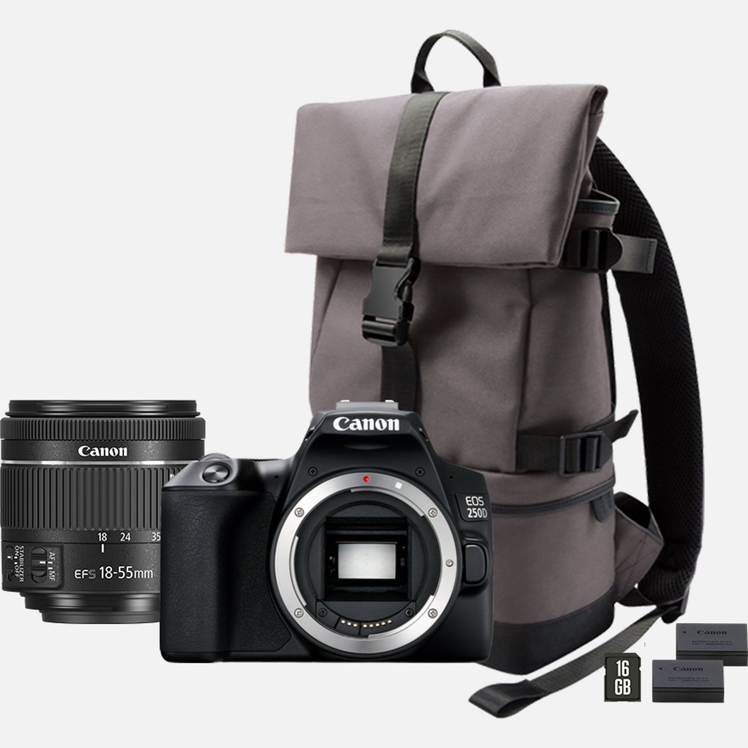 Image of Fotocamera Canon EOS 250D, Nero + Obiettivo EF-S 18-55mm f/4.0-5.6 IS STM + Batteria di ricambio