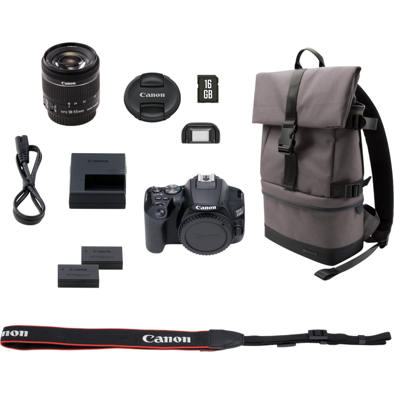 Canon EOS 250D, Schwarz + 18-55mm f/4-5.6 IS STM Objektiv, Schwarz + Rucksack + SD-Karte + Ersatzakku Produkt Lieferumfang