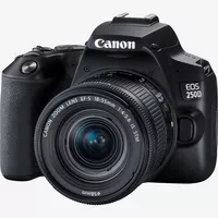 Canon EOS 250D, Black + 18-55mm f/4-5.6 IS STM Lens Black + Backpack + SD Card + Spare Battery Product Front View