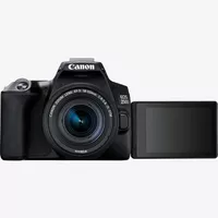 Canon EOS 250D, Black + 18-55mm f/4-5.6 IS STM Lens Black + Backpack + SD Card + Spare Battery Product Front View With Open Screen