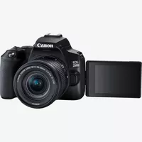 Canon EOS 250D, Black + 18-55mm f/4-5.6 IS STM Lens Black + Backpack + SD Card + Spare Battery Product Front View With Open Screen