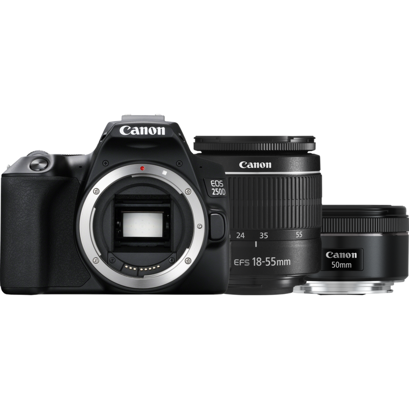 Canon EOS 250D Black + EF-S 18-55mm f/3.5-5.6 III Lens Product Front View