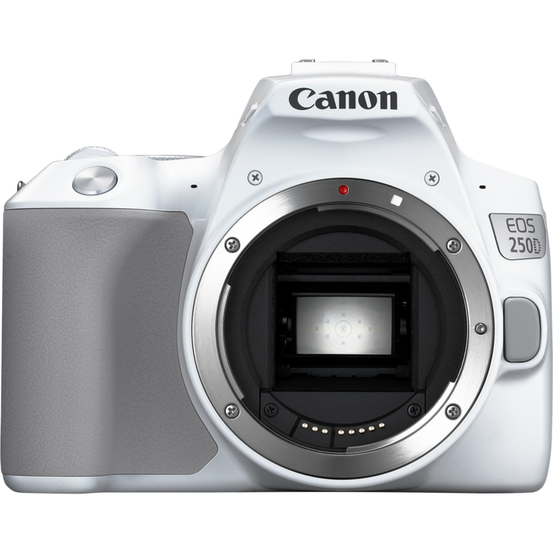 Canon EOS 250D, White + EF-S 18-55mm f/4-5.6 IS STM Lens Product Front View Without Lens