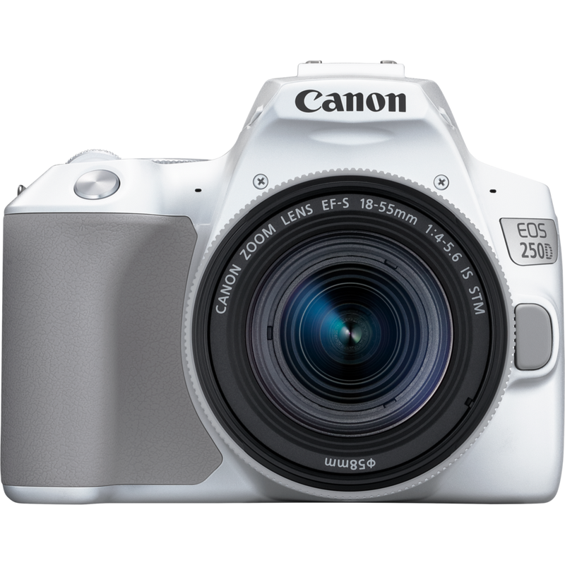 Canon EOS 250D, White + EF-S 18-55mm f/4-5.6 IS STM Lens Product Front View