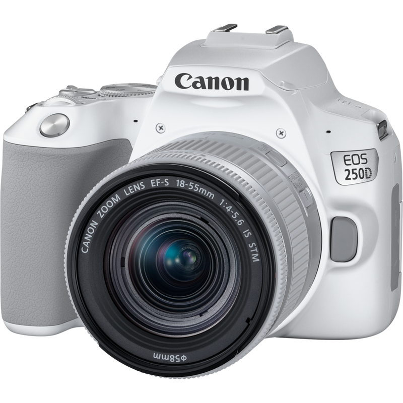 Canon EOS 250D, White + EF-S 18-55mm f/4-5.6 IS STM Lens Product Front View