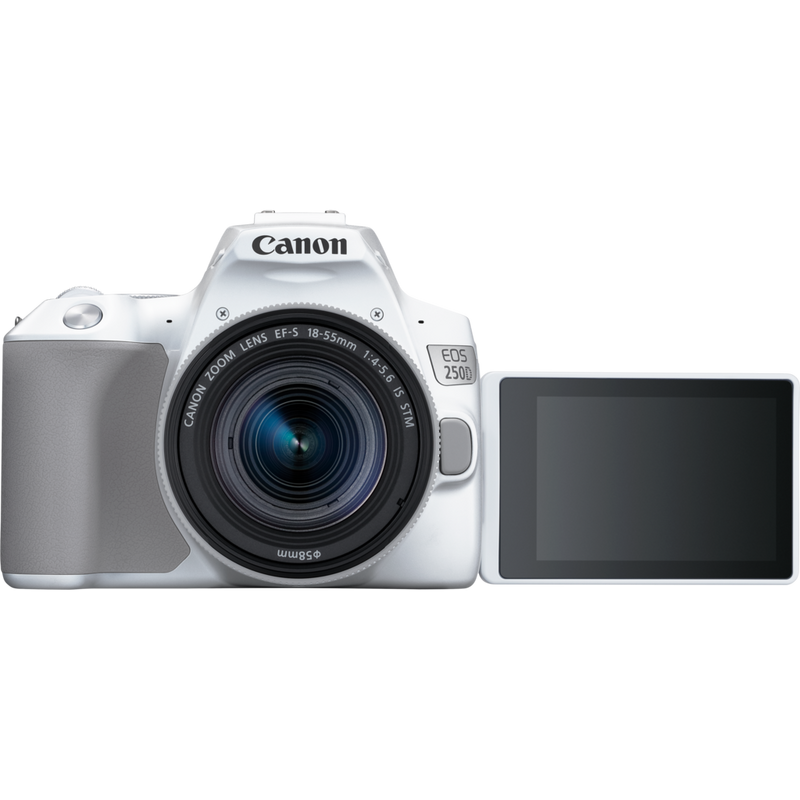 Canon EOS 250D, White + EF-S 18-55mm f/4-5.6 IS STM Lens Product Front View With Open Screen