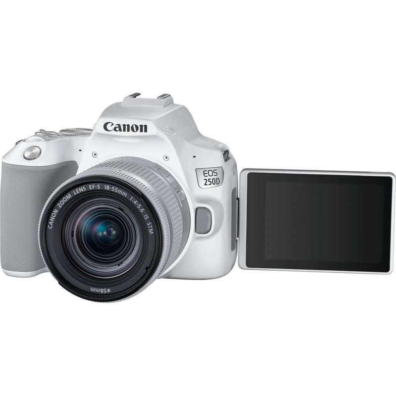 Canon EOS 250D, White + EF-S 18-55mm f/4-5.6 IS STM Lens Product Front View With Open Screen