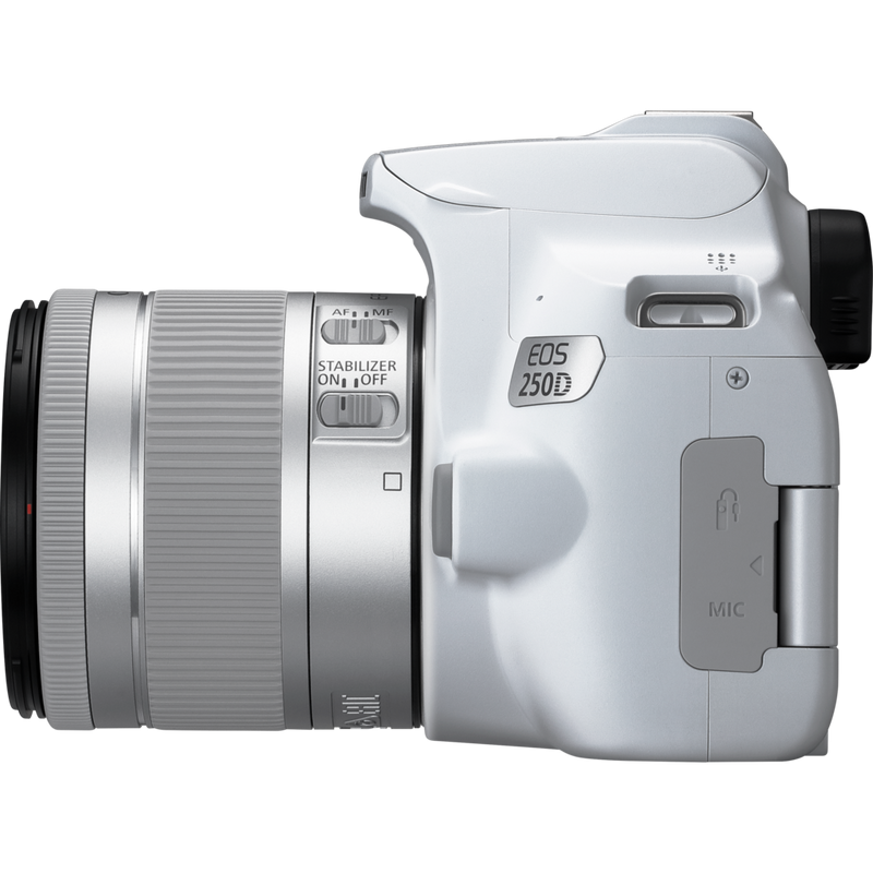 Canon EOS 250D, White + EF-S 18-55mm f/4-5.6 IS STM Lens Product Left View