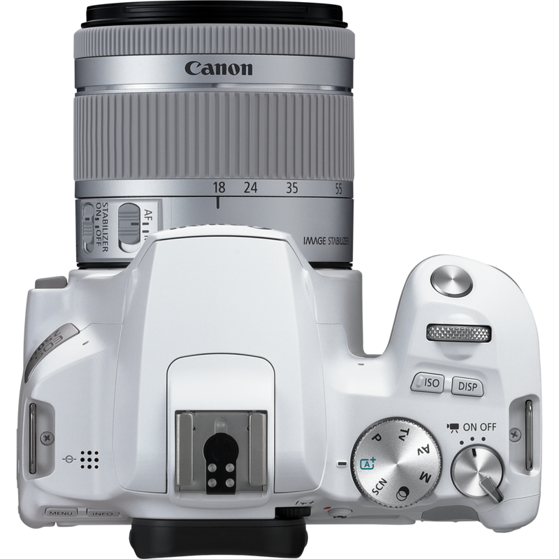 Canon EOS 250D, White + EF-S 18-55mm f/4-5.6 IS STM Lens Product Top View