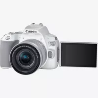Canon EOS 250D, White + EF-S 18-55mm f/4-5.6 IS STM Lens Product Front View With Open Screen