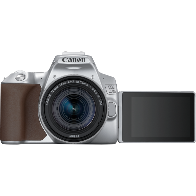 Canon EOS 250D Body, Silver + EF-S 18-55mm f/4-5.6 IS STM Lens Product Front View With Open Screen