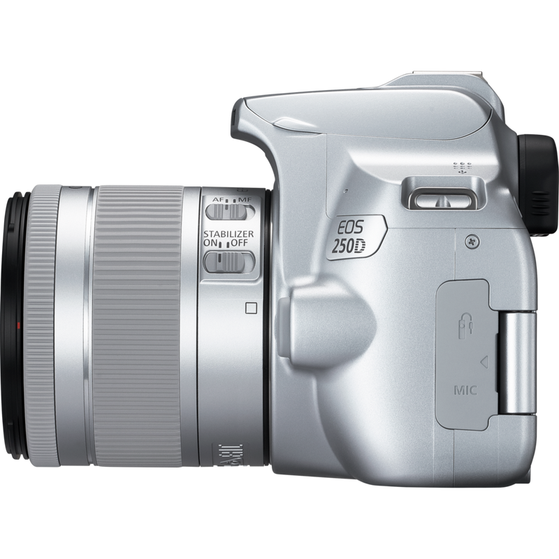 Canon EOS 250D Body, Silver + EF-S 18-55mm f/4-5.6 IS STM Lens Product Left View