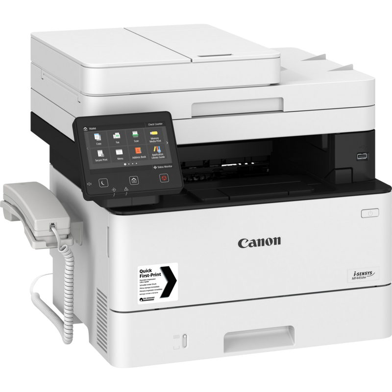 Canon i-SENSYS MF445dw Multifunctional Mono Laser Printer Product Top Left View with Telephone