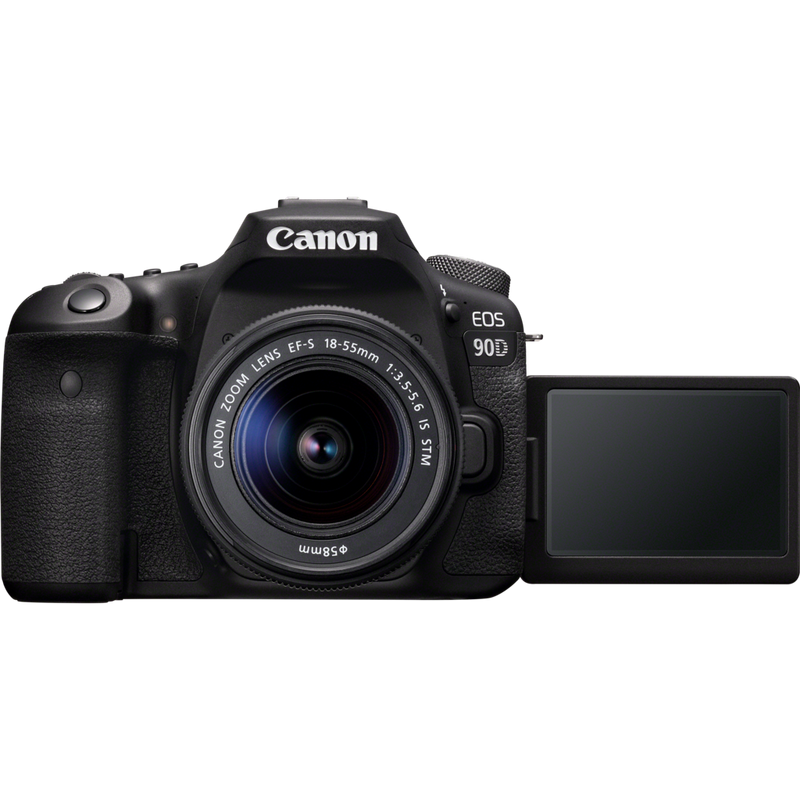 Canon EOS 90D + objectif EF-S 18-55mm IS STM Produits Vue avant avec écran ouvert